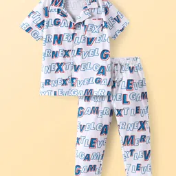 Pine Kids Single Jersey Knit Half Sleeves Night Suit with Text Print - White & Blue-picture-21