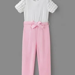 Mark & Mia Cotton Knit Half Sleeves Textured Jumpsuit - Pink & White-picture-25