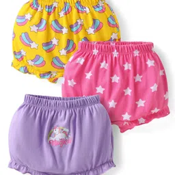 Babyhug 100% Cotton Knit Bloomers with Stars & Unicorn Print Pack of 3 - Yellow Pink & Lilac-image-82
