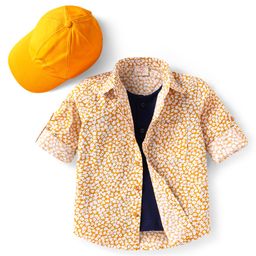 Rikidoos Full Sleeves Floral Printed Shirt With Attached Tee & Cap - Mustard & Navy Blue-picture-26