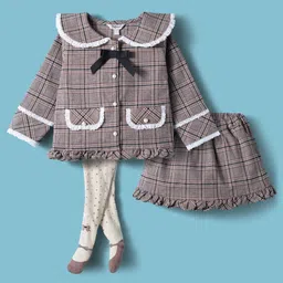 ToffyHouse 100% Cotton Woven Full Sleeves Checkered Peter Pan Collared Top with Skirt Leggings & Bow Applique - Light Grey & Cream-image-45