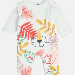 MINI KLUB Cotton Full Sleeves Frill Detailed Leaves Printed Romper - White-picture-14