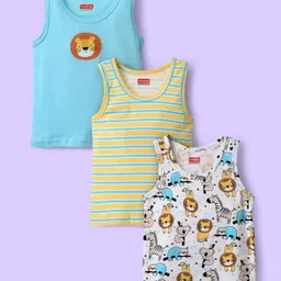 Babyhug 100% Cotton Sleeveless Vests With Stripes & Animal Print Pack Of 3 - Light Blue White & Yellow-picture-23