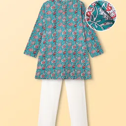 Pine Kids Cotton Woven Full Sleeves Kurta Pajama Set with Floral Print - Light Blue-picture-16