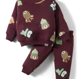 Teddy Fleece Knit Full Sleeves Winter Wear Co-Ord T-Shirt & Joggers Set with Bear Print - Wine-picture-13