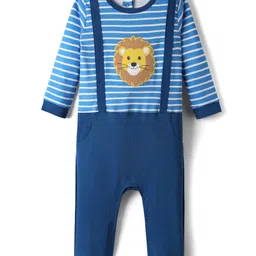 Babyhug 100% Cotton Interlock Knit Full Length Romper with Stripe & Lion Patch - Blue image 2