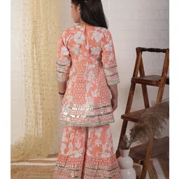 Ka-mee Cotton Woven Three Fourth Sleeves Floral Printed Gota Lace Embellished Kurti & Sharara Set - Peach image 3