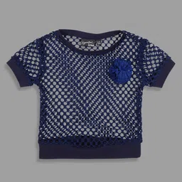 Actuel Cotton Knit Half Sleeves Floral Applique Detailed Top - Navy Blue image 3