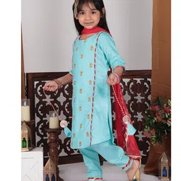 Kinder Kids Three Fourth Sleeves Floral  Embroidered & Gota Lace Embellished Kurta & Pant With Dupatta Set - Sky Blue image 4
