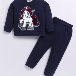 M'andy Fleece Full Sleeves Sequin Embellished Unicorn Patch Coordinating Track Suit Set - Navy Blue image 4