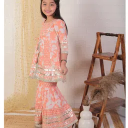 Ka-mee Cotton Woven Three Fourth Sleeves Floral Printed Gota Lace Embellished Kurti & Sharara Set - Peach image 4