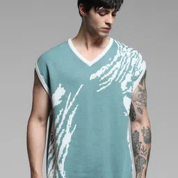 Jack & Jones Abstract Printed V-Neck Raw Edge Cotton Oversized T-shirt-picture-14