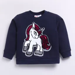 M'andy Fleece Full Sleeves Sequin Embellished Unicorn Patch Coordinating Track Suit Set - Navy Blue image 5