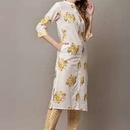 HERE&NOW Floral Printed Mandarin Collar Pure Cotton Straight Kurta With Trousers & Dupatta-picture-24