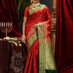 House Of Begum Red Banarasi Handloom Satin Silk Saree With Embroidery Work With Blouse Piece image 5