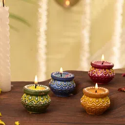 Aura Blue & Green 4 Pieces Printed Terracotta Small Matki Candle Diya-picture-34