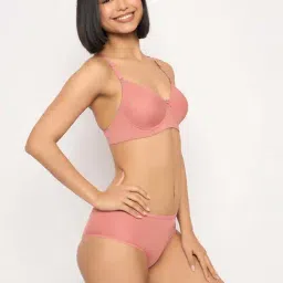 Clovia Peach Regular Fit Self Pattern Bra Panty Set image 4