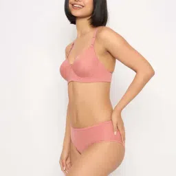 Clovia Peach Regular Fit Self Pattern Bra Panty Set image 3