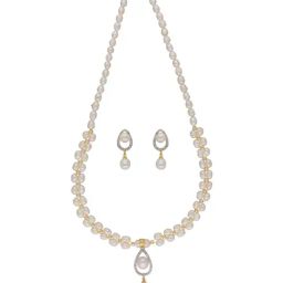 Sri Jagdamba Pearls Badarika 1 Line White Pearl & CZ Necklace Set-picture-14
