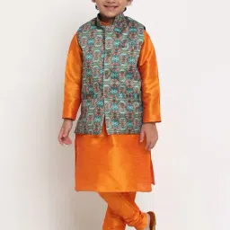 Benstoke Kids Mustard Yellow & Teal Green Printed Full Sleeves Kurta Set-picture-10