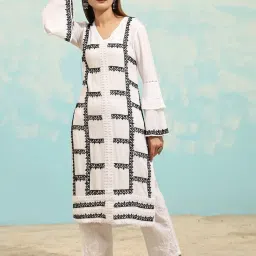 House Of Kari Samma Chikankari Long Kurta in Rayon Cotton for Women- White With Black image 5