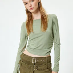 Koton Women High Neck Extended Sleeves Pockets T-shirt-image-0