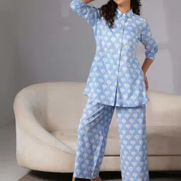 Libas Blue Cotton Printed Shirt & Pyjama Set image 5
