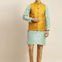 SOJANYA Men Sea Green Striped Kurta with Churidar & Nehru Jacket image 1