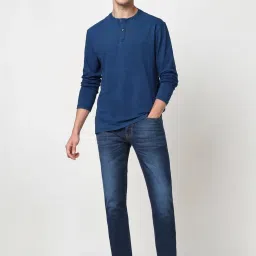 Peter England Navy Cotton Regular Fit Texture Henley T-Shirt image 5