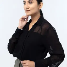 Strong & Brave Black Georgette Solid Formal Shirt image 3