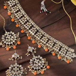 Peora Golden Orange Kundan Set for Women-picture-39