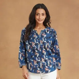 Fabindia Women's Blue Printed Round Neck 3/4th Sleeves Top-image-85