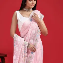 Odette Pink Embroidered Saree With Unstitched Blouse image 4