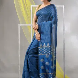 CHARUKRITI Sapphire Blue Silk Woven Saree With Unstitched Blouse image 3
