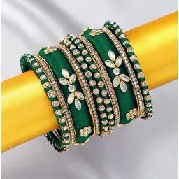 Peora Golden Green Kundan Bangles Set for Women-image-62
