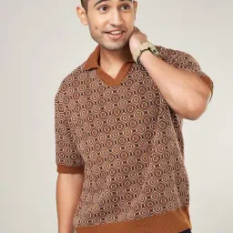 People By Pantaloons Brown Cotton Regular Fit Textured Polo T-Shirt-image-36