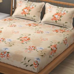 SEJ by Nisha Gupta Beige & Orange Floral Microfiber 300TC Queen Bedsheet Set 2.28m x 2.40m-picture-49