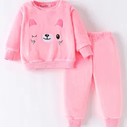 Kookie Kids Full Sleeves T-Shirt & Lounge Pants Set With Cute Face Applique - Pink-picture-17