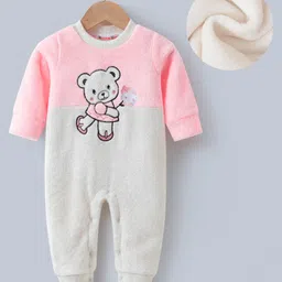 Kookie Kids Full Sleeves Winter Wear Romper with Bear Embroidery - Pink & White-picture-36