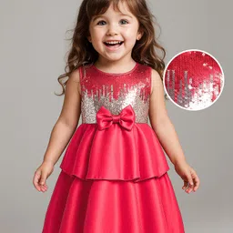 Babyhug Woven Sleeveless Party Dress With Reversible Sequins & Bow Applique - Red-picture-22