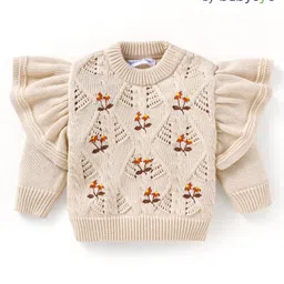 Babyoye 100% Cotton Knitted Full Sleeves Pullover Sweater with Floral Embroidery & Frill Detailing - Beige-picture-19