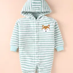 Little Kangaroos Fleece Knit Full Sleeves Winter Wear Hooded Striped Romper With Fox Embroidery- Light Green-picture-23