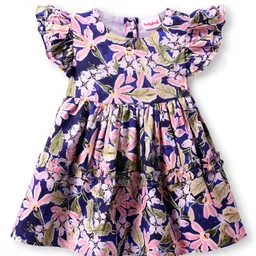 Babyhug Cotton Knit Frill Sleeves Frock With Floral Print - Navy Blue-picture-17
