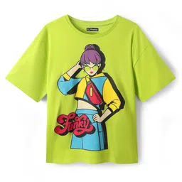 Pine Kids Cotton Knit Half Drop Shoulder Sleeves Oversized Printed T-Shirt - Light Green-picture-16