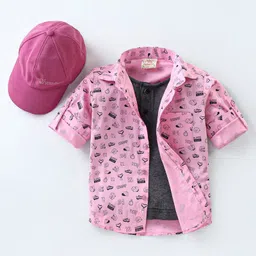 Rikidoos Full Sleeves Sports Theme Printed Shirt With Attached Tee & Cap - Pink & Black-picture-32