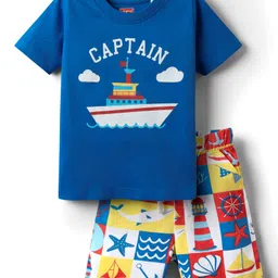 Babyhug Cotton Knit Half Sleeves Night Suit With Nautical Theme Print - Navy Blue-image-75