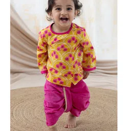 Tiber Taber 100% Cotton Full Sleeves Floral Printed Kurta & Dhoti Set - Yellow-picture-17