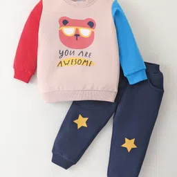 Mark & Mia Fleece Knit Full Sleeves Winter Wear Suit with Teddy Print & Spikes Detailing - Light Red & Navy-picture-23