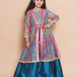 Bitiya By Bhama Silk Woven Floral Printed Gota Lace Embellished Lehenga Choli With Three Fourth Sleeves Shrug Set - Blue-image-9