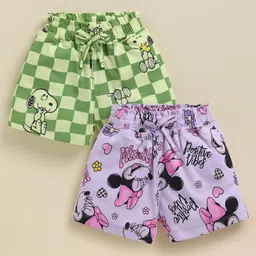 Biskid Cotton Knit Mickey & Friends Featuring Pack of 2 Minnie Mouse & Snoopy Printed Shorts - Green & Light Mauve-picture-14